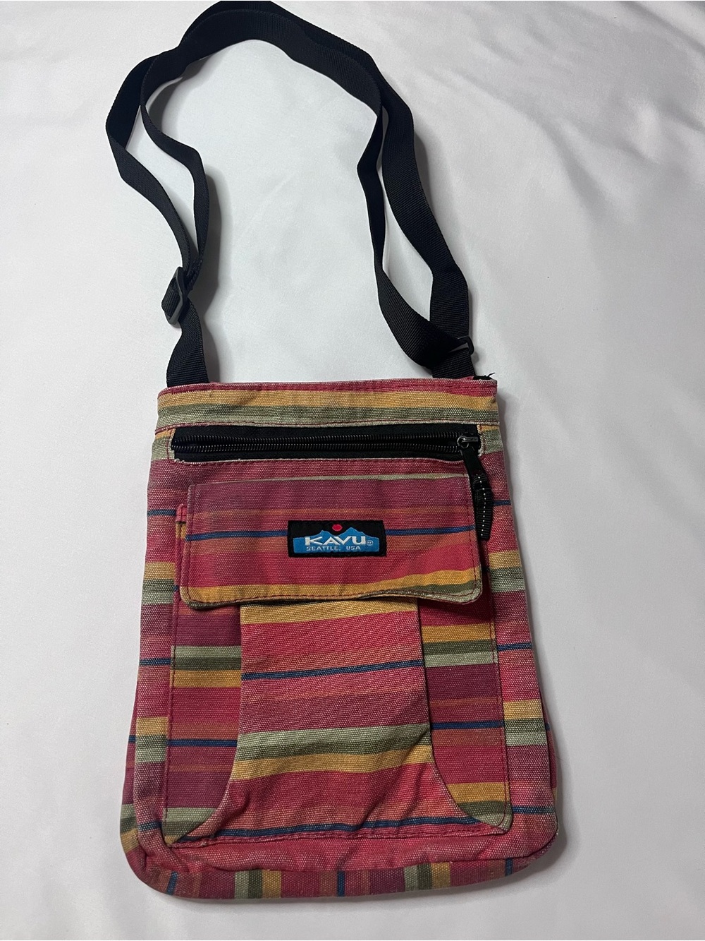 KAVU Red Orange Green Striped Crossbody Bag - hard to find design!